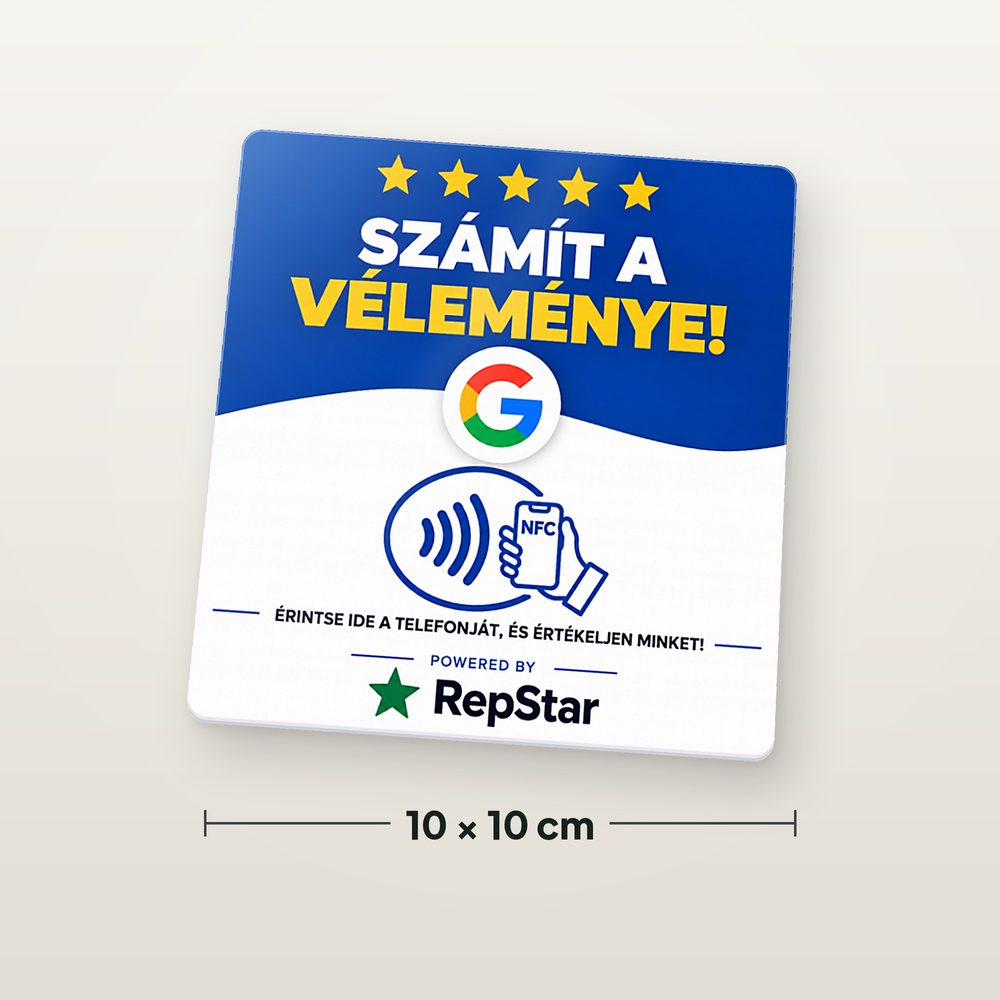 NFC értékelő kártya, 10×10 cm, „Számít a véleménye!” felirattal